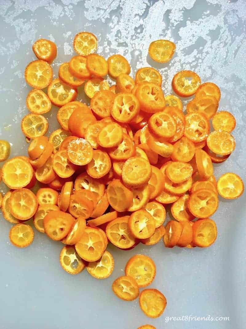 A pile of sliced kumquats.