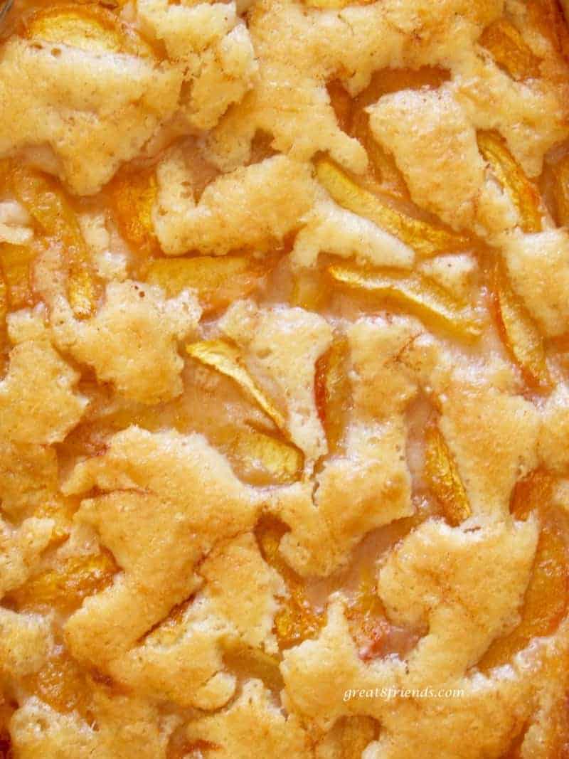 This is an unclose photo of this easy peach cobbler recipe after baked.