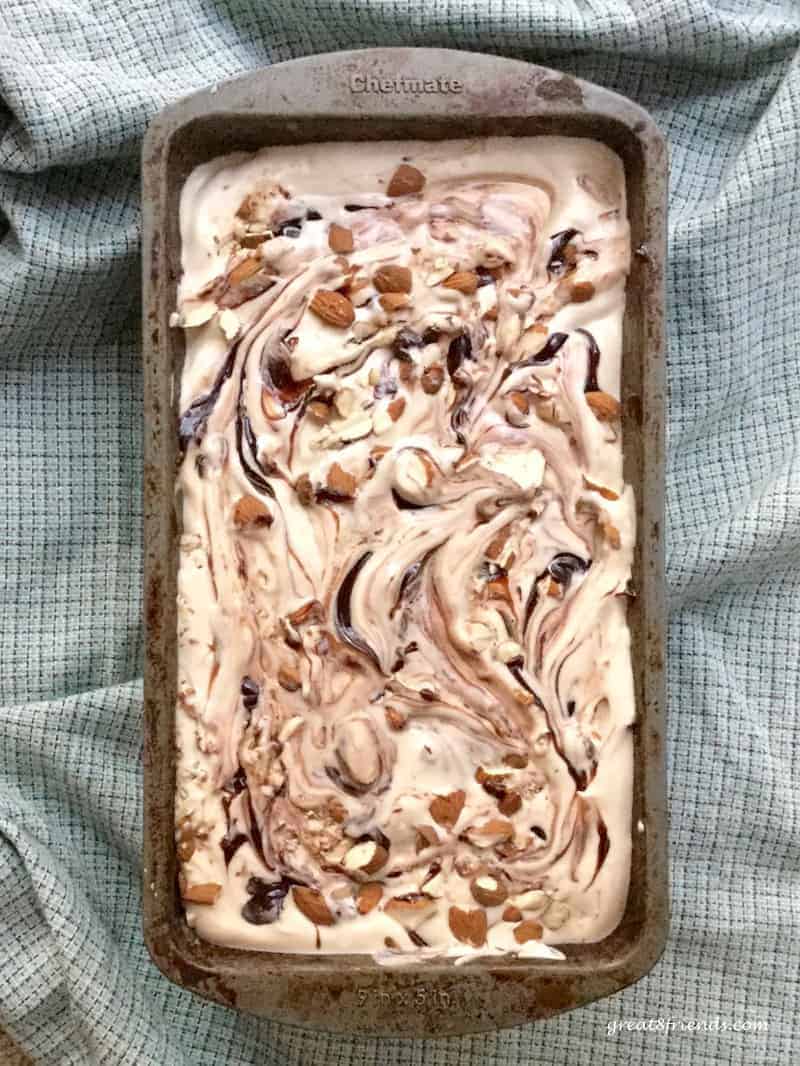 This delicious Java Almond Fudge Ice Cream is coffee flavored, fudge swirled, almond topped and no automatic ice-cream maker is needed!