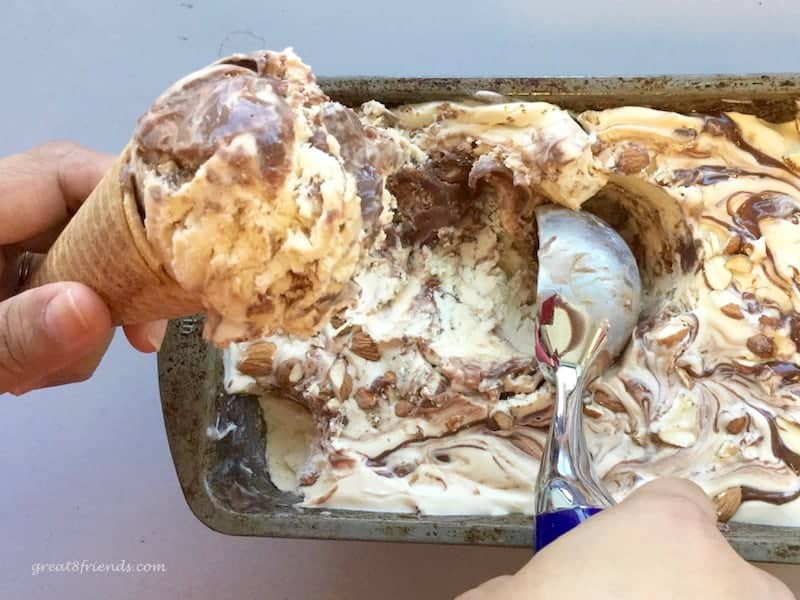 This delicious Java Almond Fudge Ice Cream is coffee flavored, fudge swirled, almond topped and no automatic ice-cream maker is needed!
