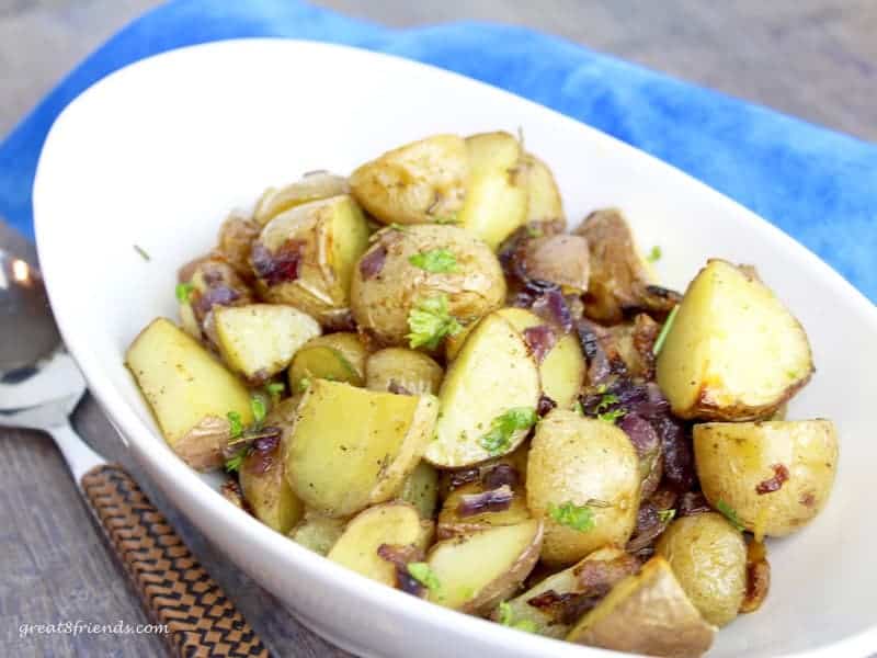 Roasted Herbed Baby Potatoes in serving dish.