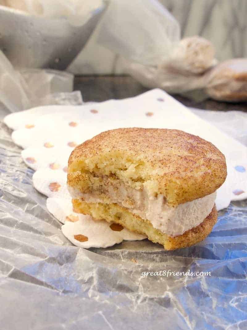 A Snickerdoodle Ice Cream Sandwich with a bite taken