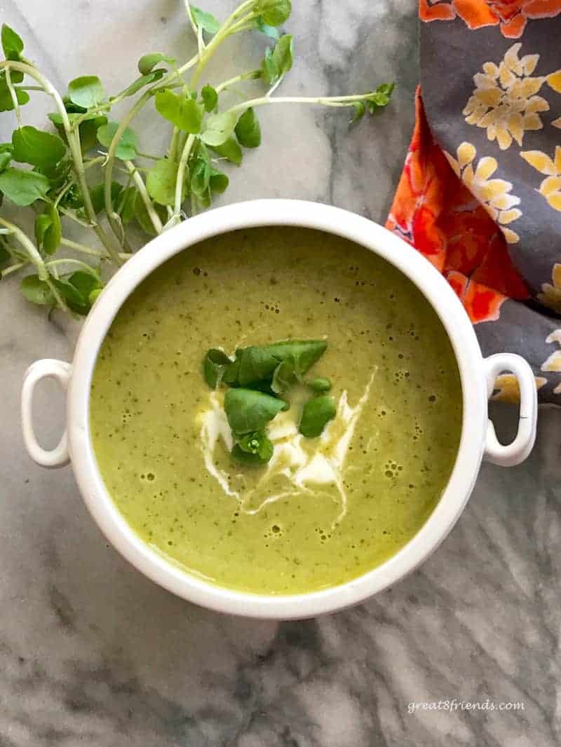 Overhead shot of a white crock of soup topped with a dollop of cream and green leaves.