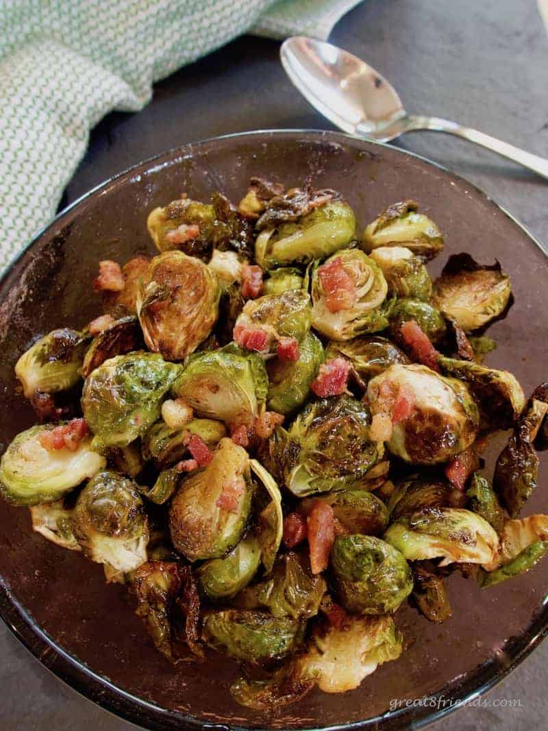 Close up of roasted Brussels sprouts with pancetta.