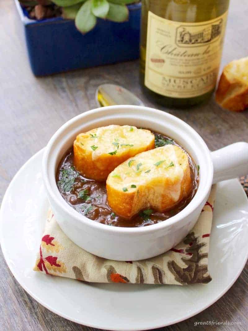 French Onion Soup in a white ceramic bowl.