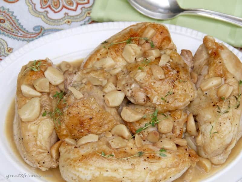 Ina's Chicken with Forty Cloves of Garlic recipe on a platter.