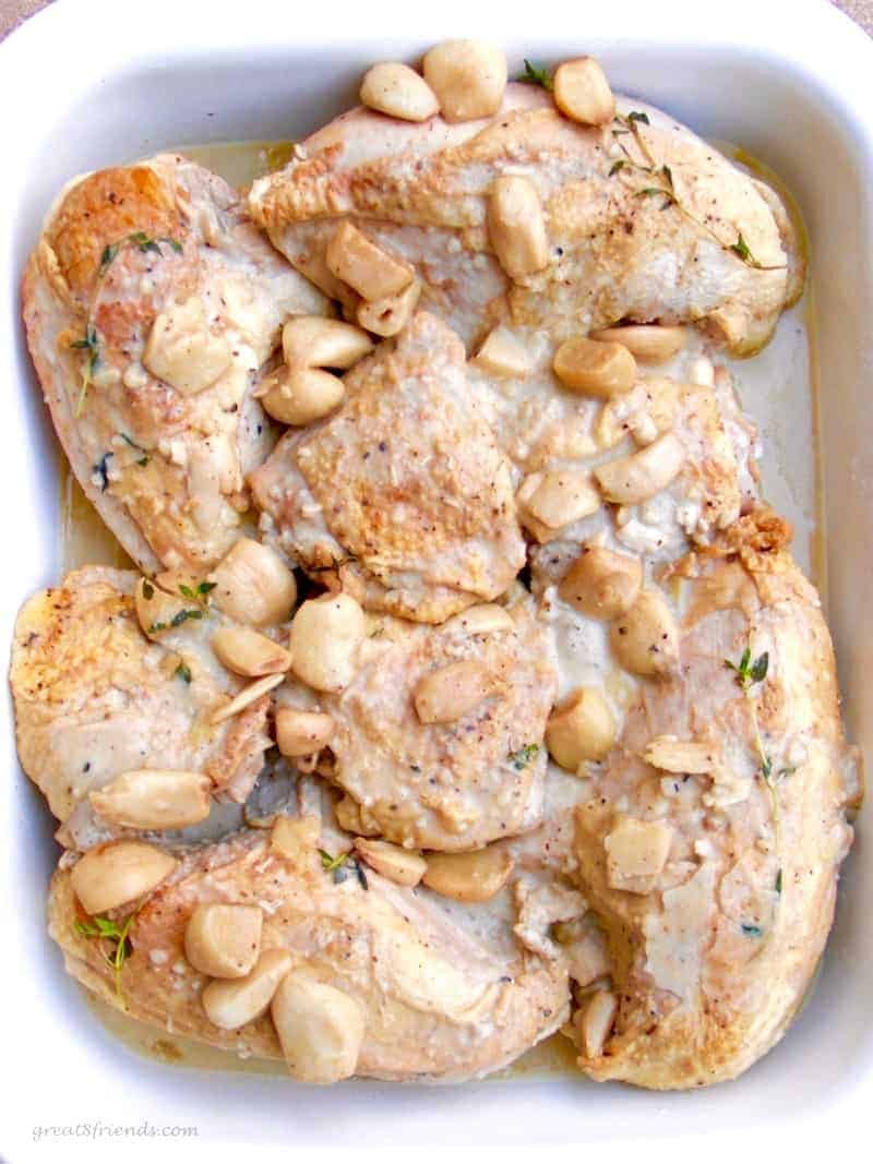 Ina's Forty Cloves of Garlic Chicken recipe in a baking pan.