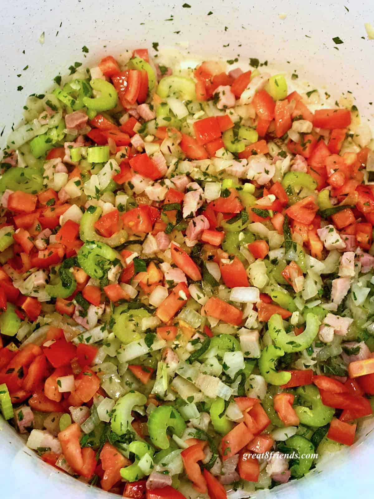 Chopped vegetables in a pan.