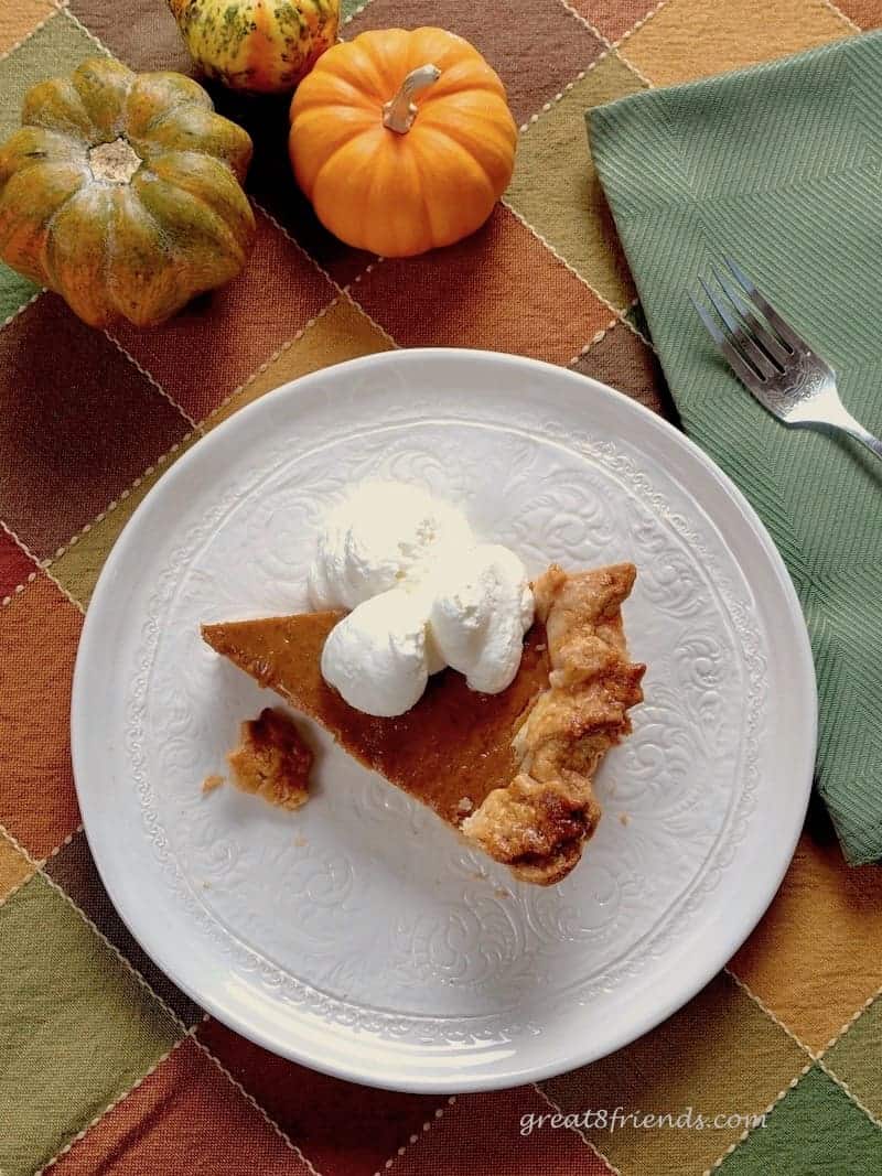 This Perfectly Perfect Pumpkin Pie goes together quickly and is the perfect fall and holiday dessert. I made it in less than an hour!