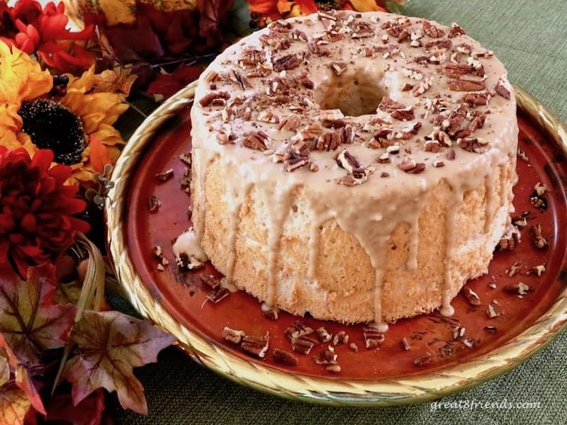 Maple Pecan Angel Food Cake on a copper tray.