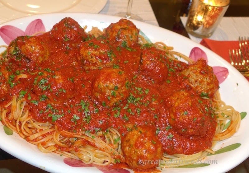 Spaghetti and meatballs on a platter.