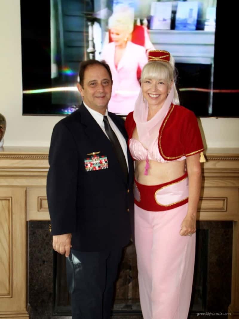 A couple dressed as the major and Jeannie from I Dream of Jeannie.