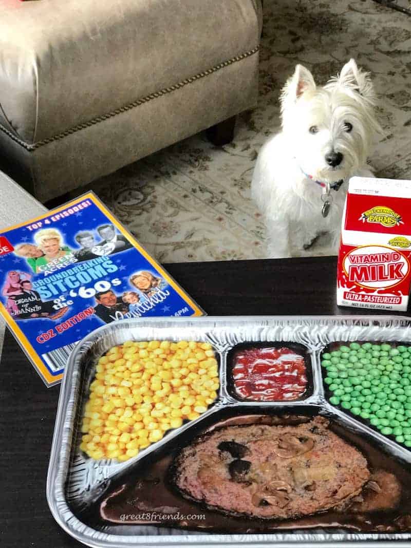 TV tray with fake tv dinner, a carton of milk and invitation, with a white dog in the background.