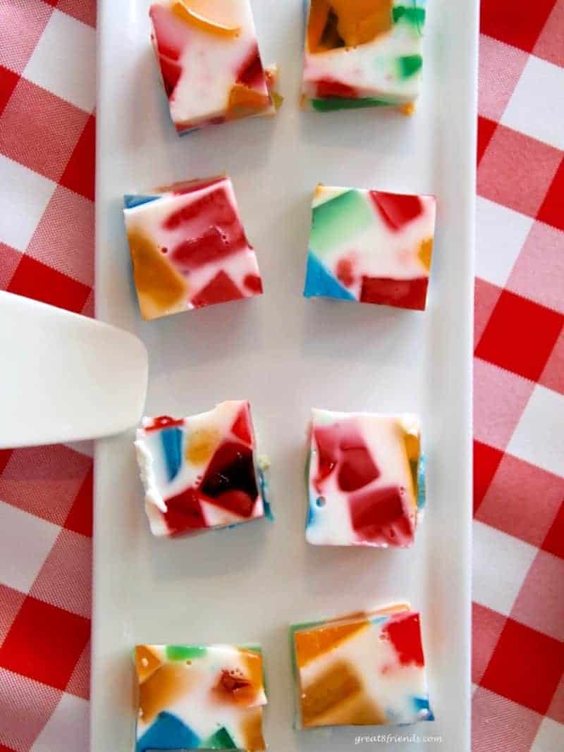 Multi-colored Jello squares.