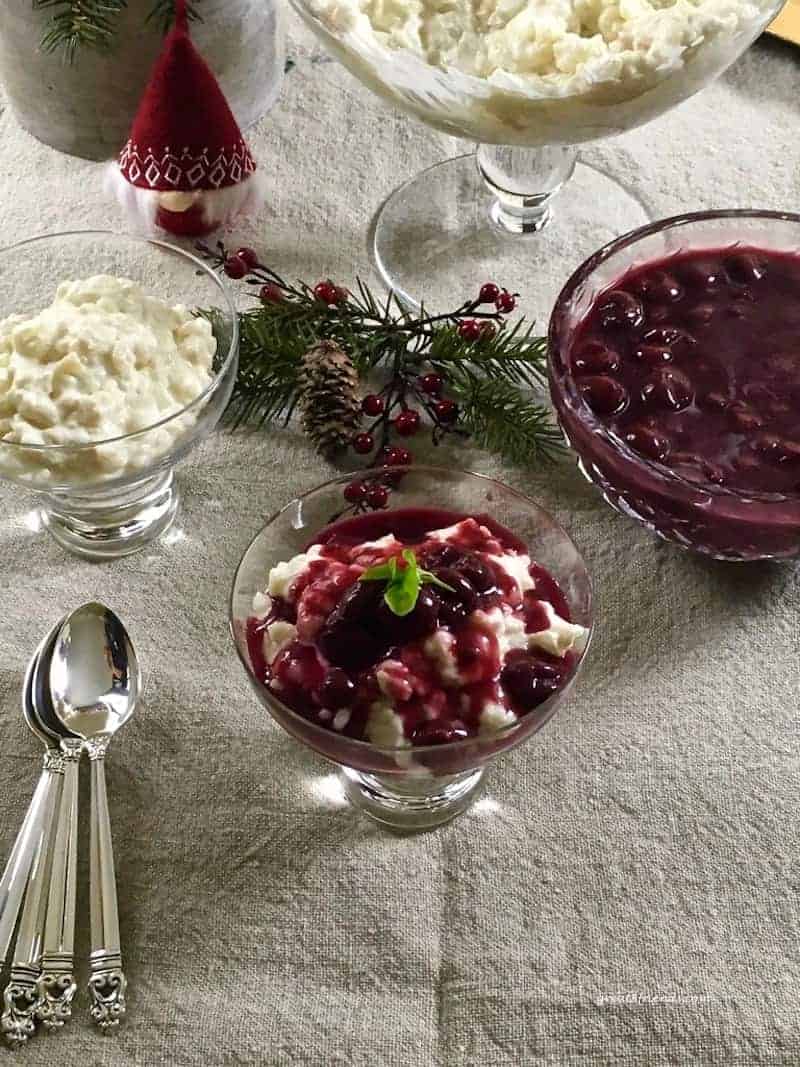 Danish Rice Pudding topped wiwth cherry sauce.