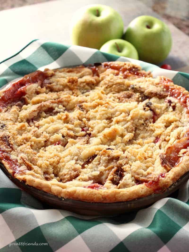 French Apple Cranberry Pie with a buttery crumb topping.