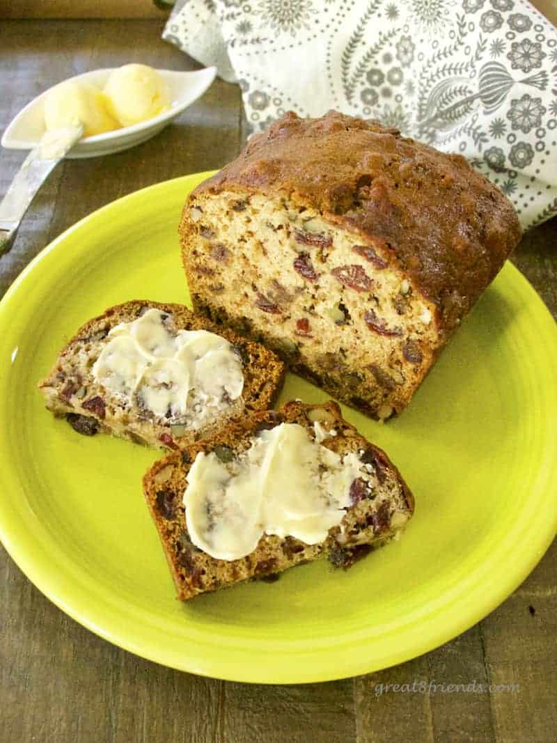 Homemade bread is a perfect gift. This recipe for Cranberry Date Nut Bread makes 4 mini loaves, so you have 4 gifts! A throwback recipe from mom.