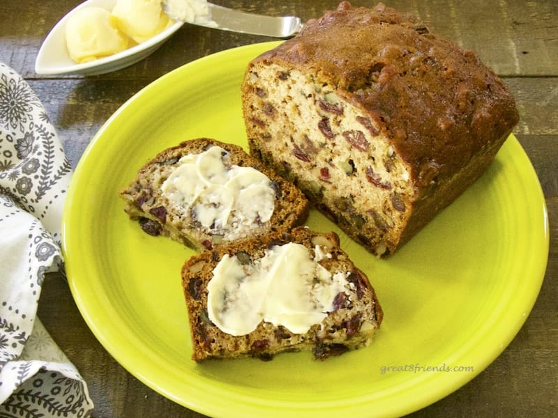 Homemade bread is a perfect gift. This recipe for Cranberry Date Nut Bread makes 4 mini loaves, so you have 4 gifts! A throwback recipe from mom.