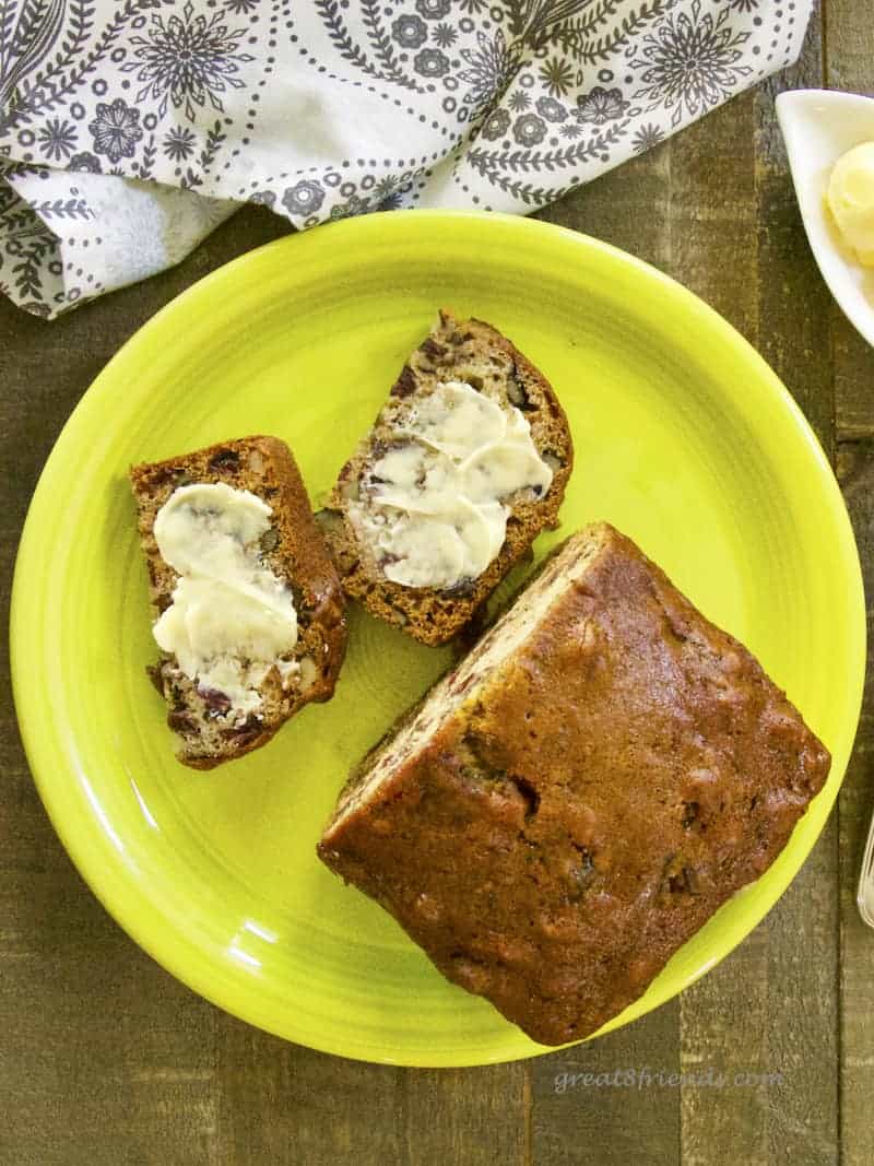 Homemade bread is a perfect gift. This recipe for Cranberry Date Nut Bread makes 4 mini loaves, so you have 4 gifts! A throwback recipe from mom.