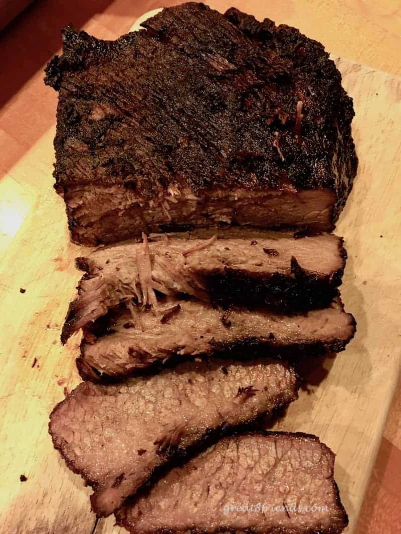 Overhead shot of smoked brisket sliced.