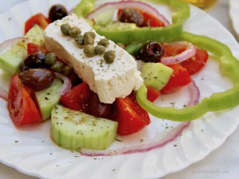 Up close view of a Greek Salad.