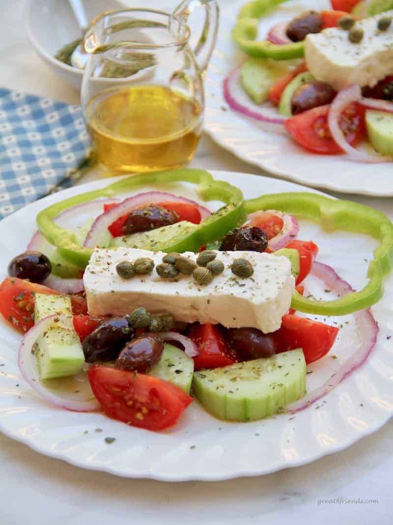 This Great Greek Salad is a simple salad made of a few fresh vegetables and dressed with the best extra virgin olive oil, feta and oregano!