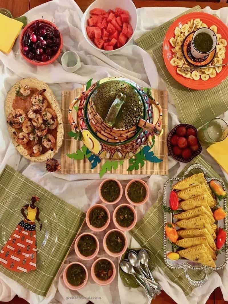 Overhead shot of appetizer table for flavors and fun of Jamaica party.