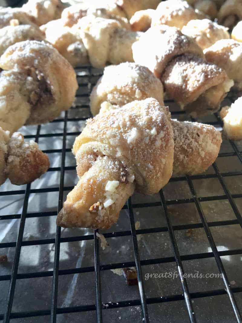 Close-up of pecan walnut crescent cookies.