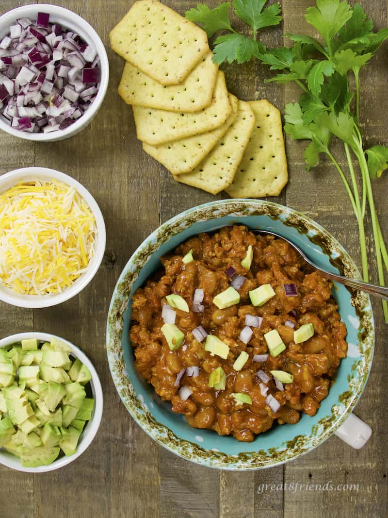 Instant Pot Chili with Beans with toppings and crackers