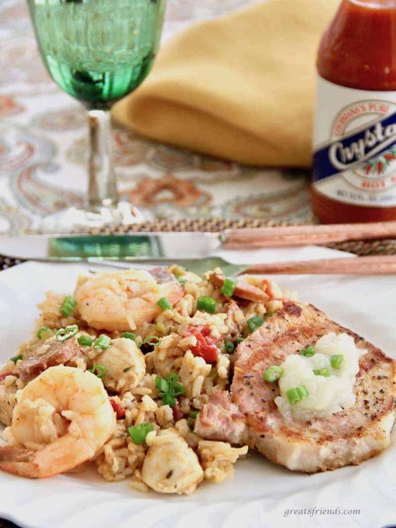 Pork Cutlets with Onion Applesauce served with Jambalaya.