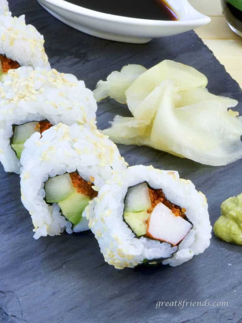 California Roll close up with ginger.