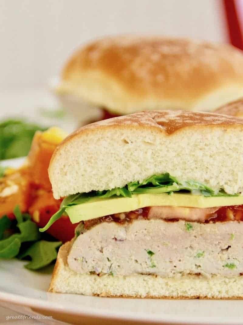 Close up of tuna burger cut in half.