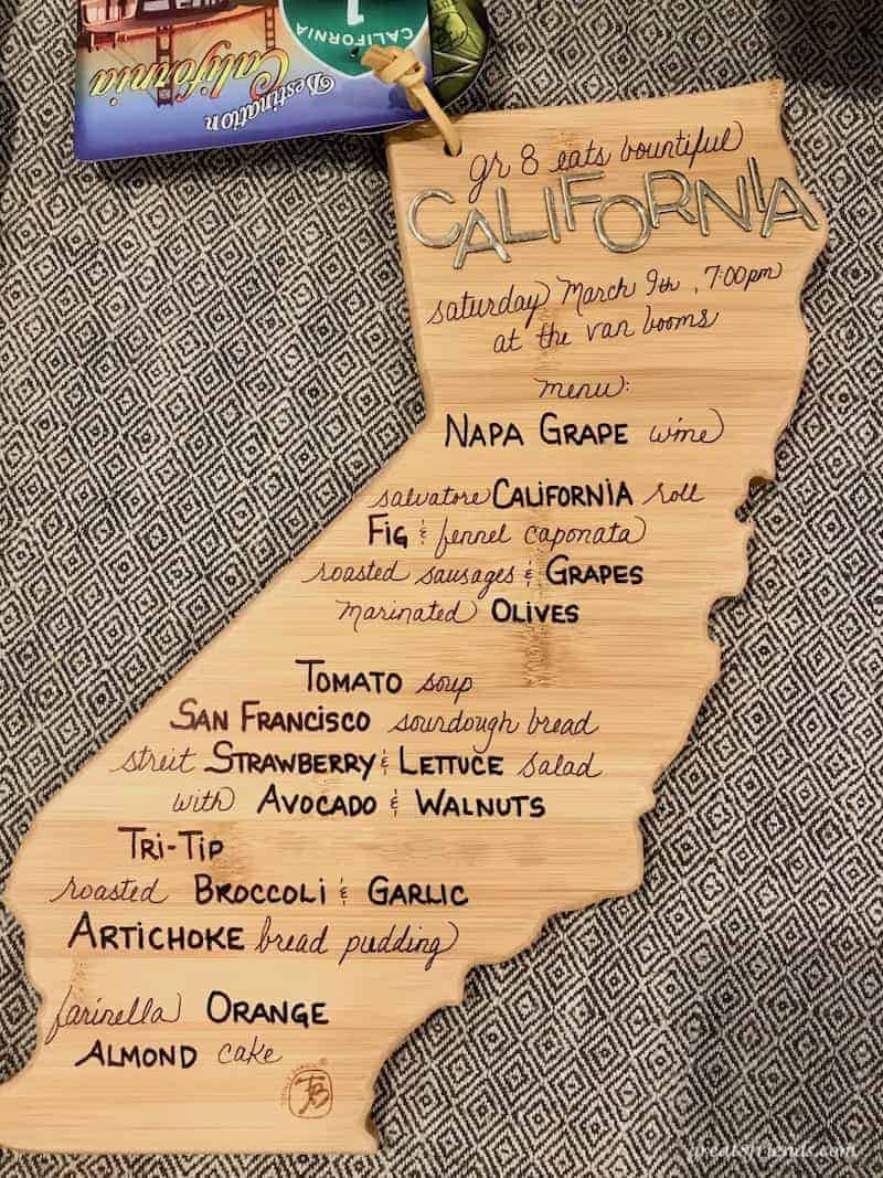 California Cuisine menu on a wooden cutting board