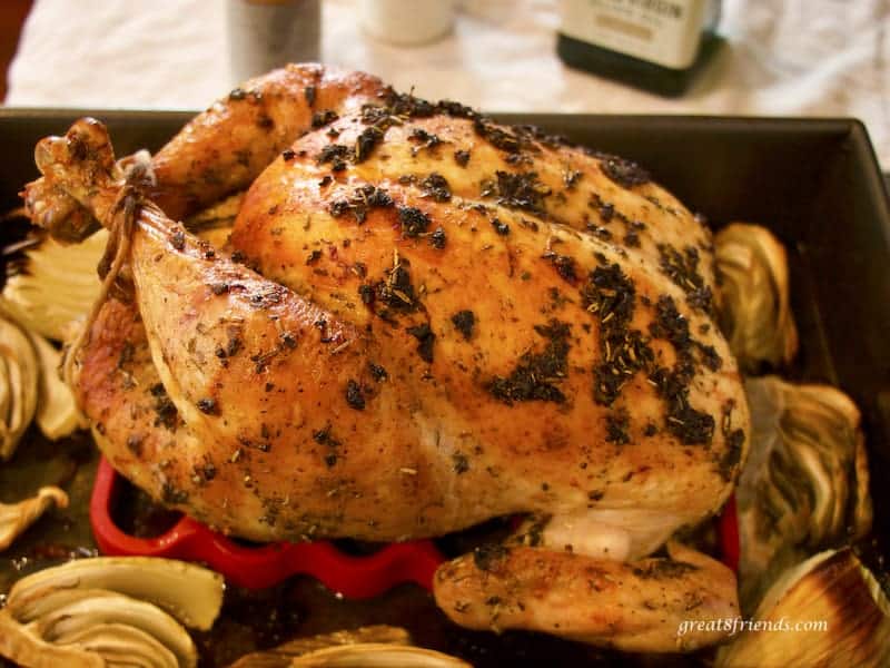 Whole roast Chicken in roasting pan from the side.