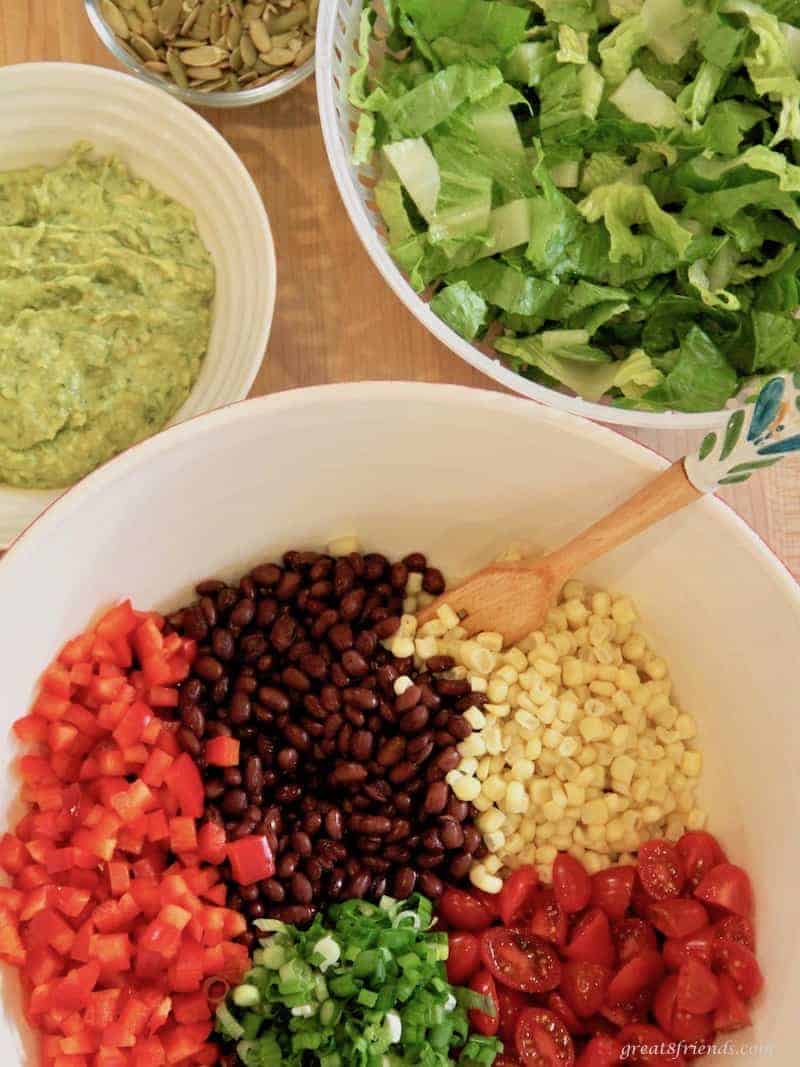Ingredients for a Black Bean Salad with Avocado Lime Dressing.