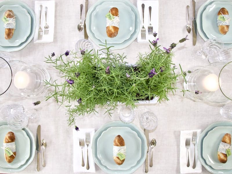 Overhead top down view of set table for Provence dinner party. 