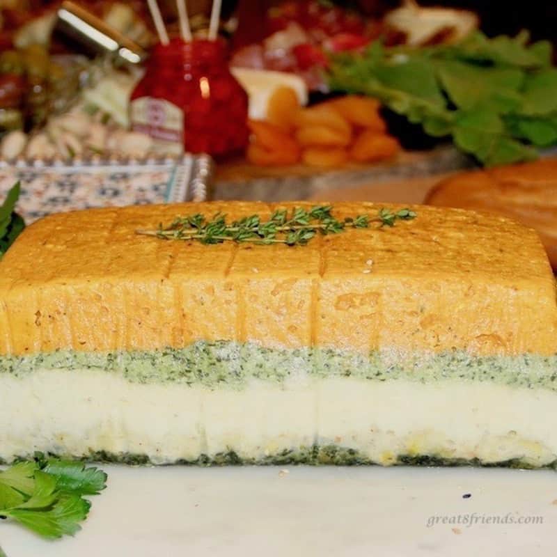 Side shot of layered vegetable pâté.