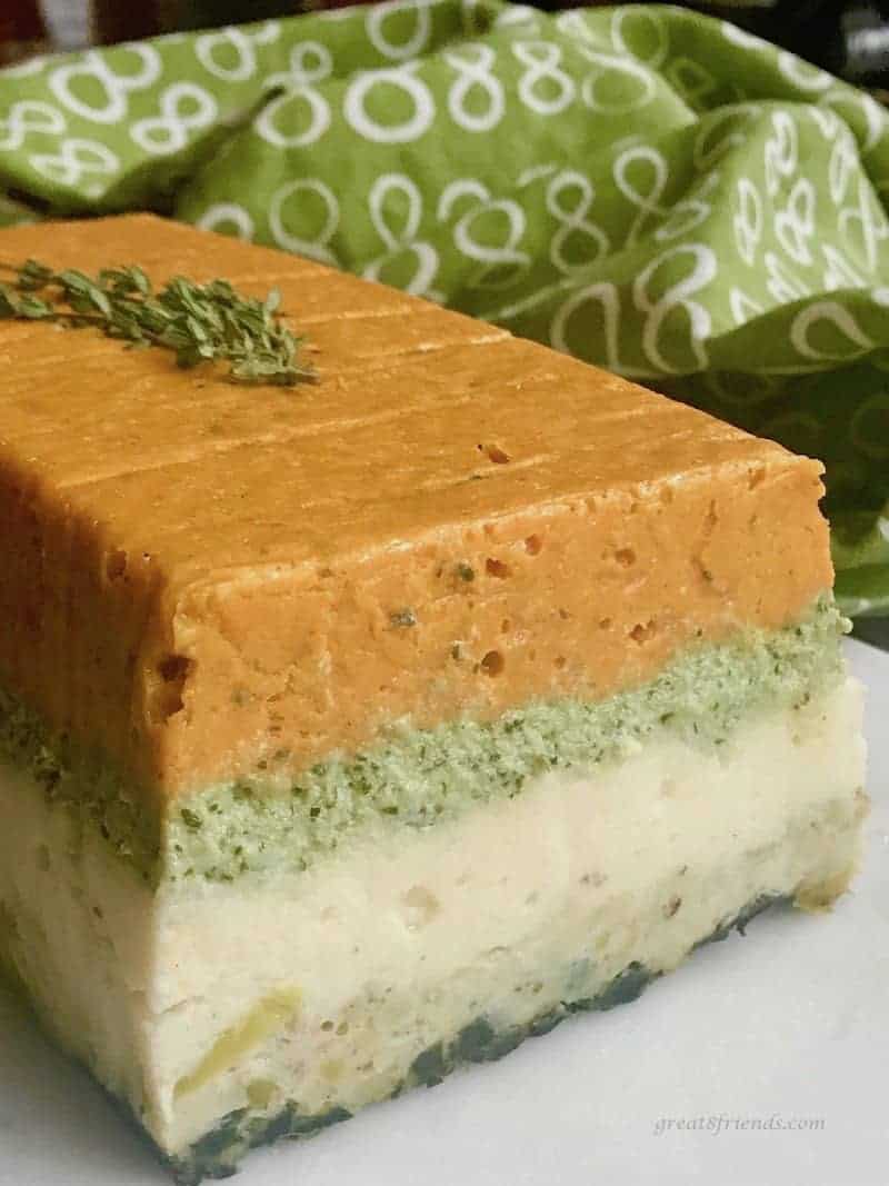 Close up of the layers of vegetable pâté.