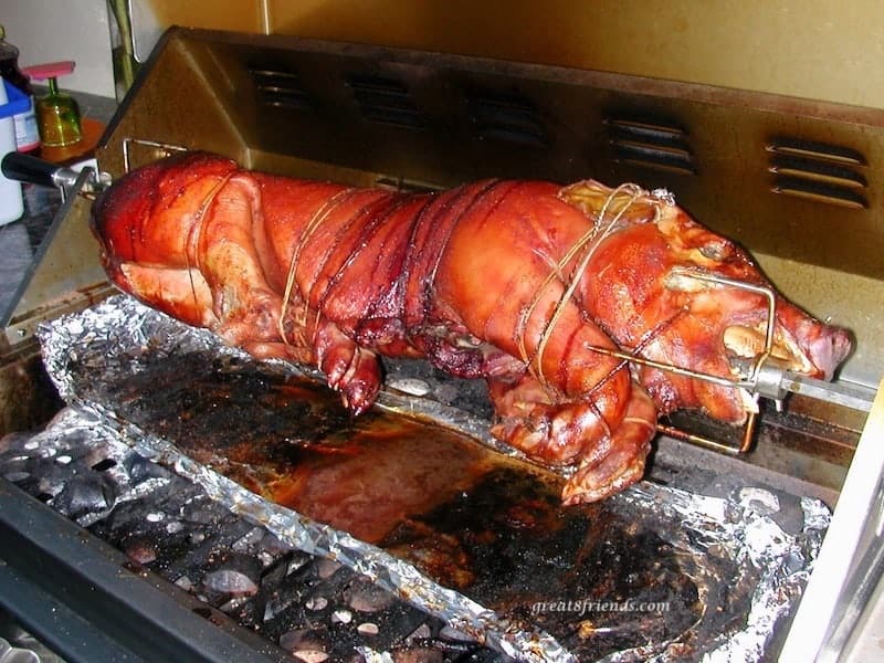 Whole pig roasting on a spit over the barbecue grill.