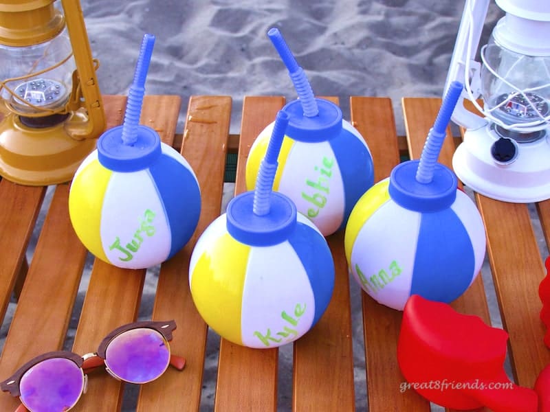 Beach ball cups with names.