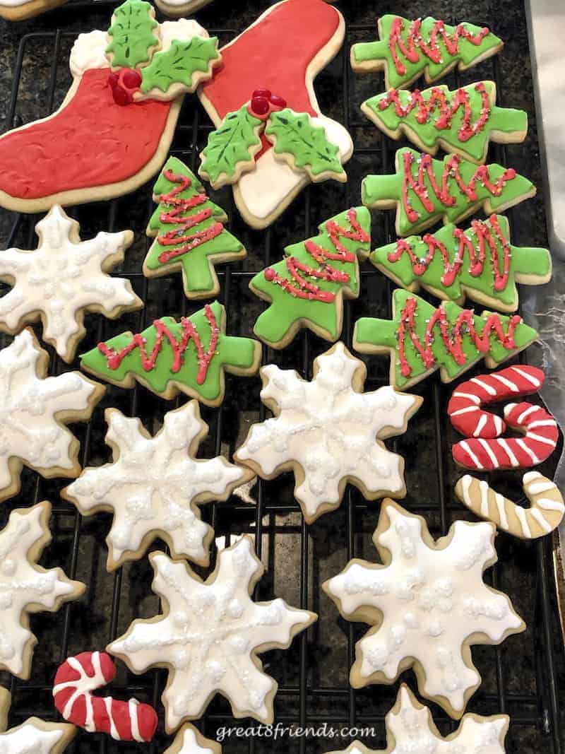 Shaped and iced Christmas cookies.