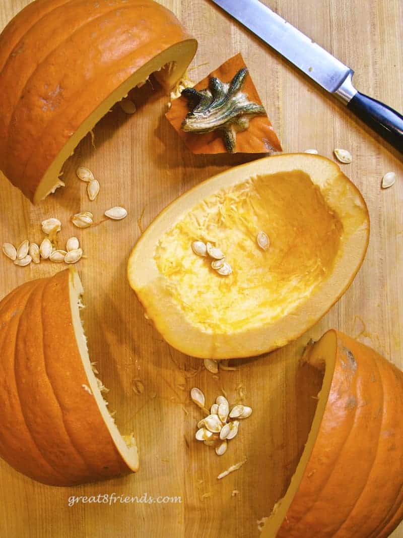 Pumpkin cut in quarters.