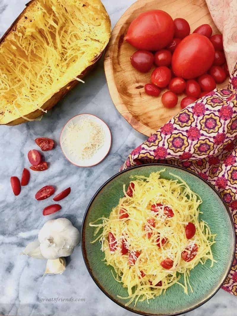 Spaghetti squash and tomatoes and garlic and cheese.