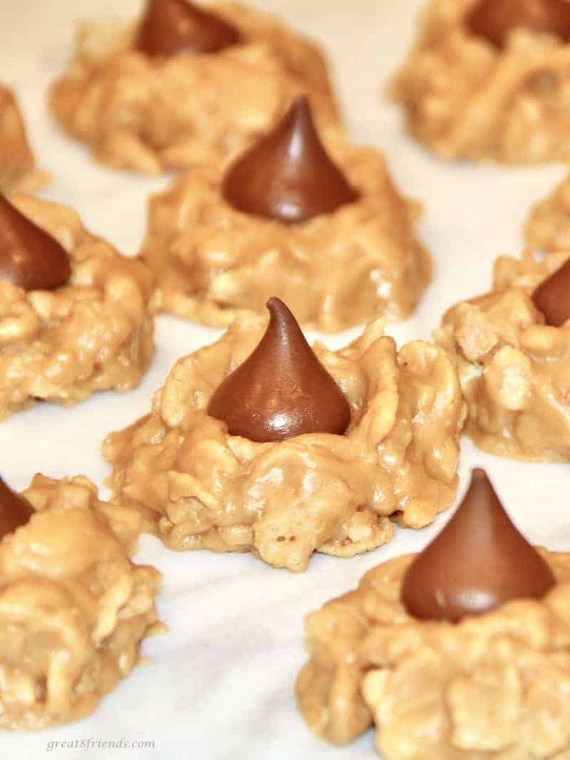 Upclose photo of no-bake Peanut Butter chocolate Kiss cookies.