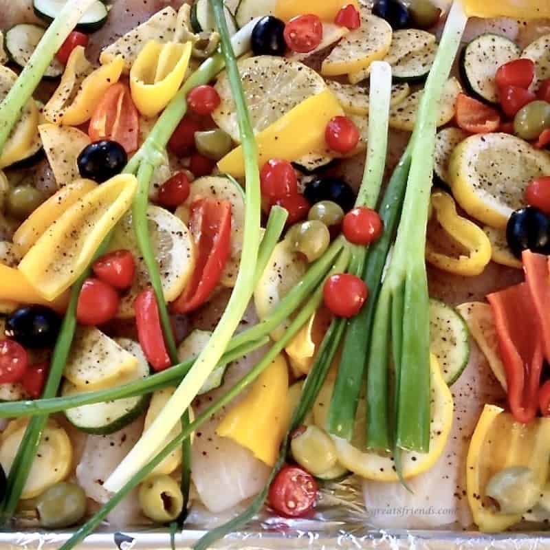 Almost any vegetables and seasoning could included on the sheet pan with the fish.