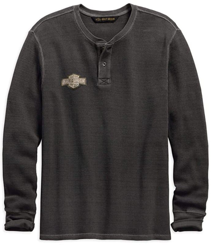 A gray thermal long sleeved shirt with the Harley-Davidson emblem.