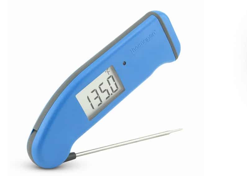 A blue digital meat thermometer.