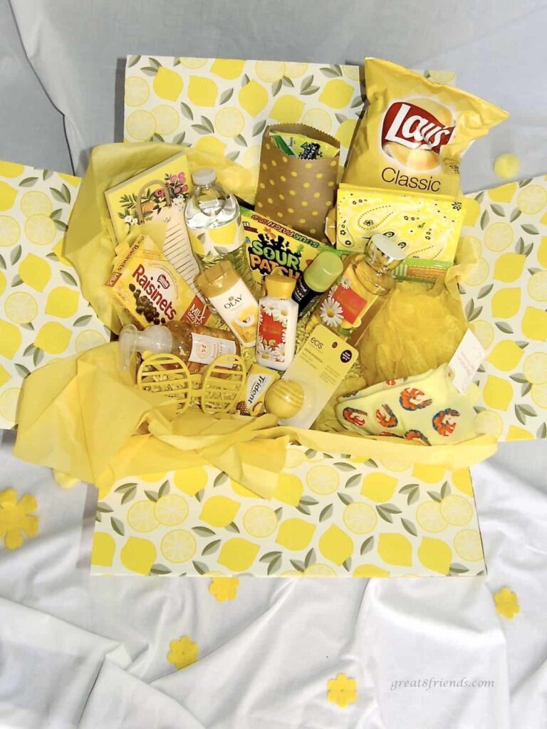 A yellow box of yellow items ready to send as a box of sunshine.