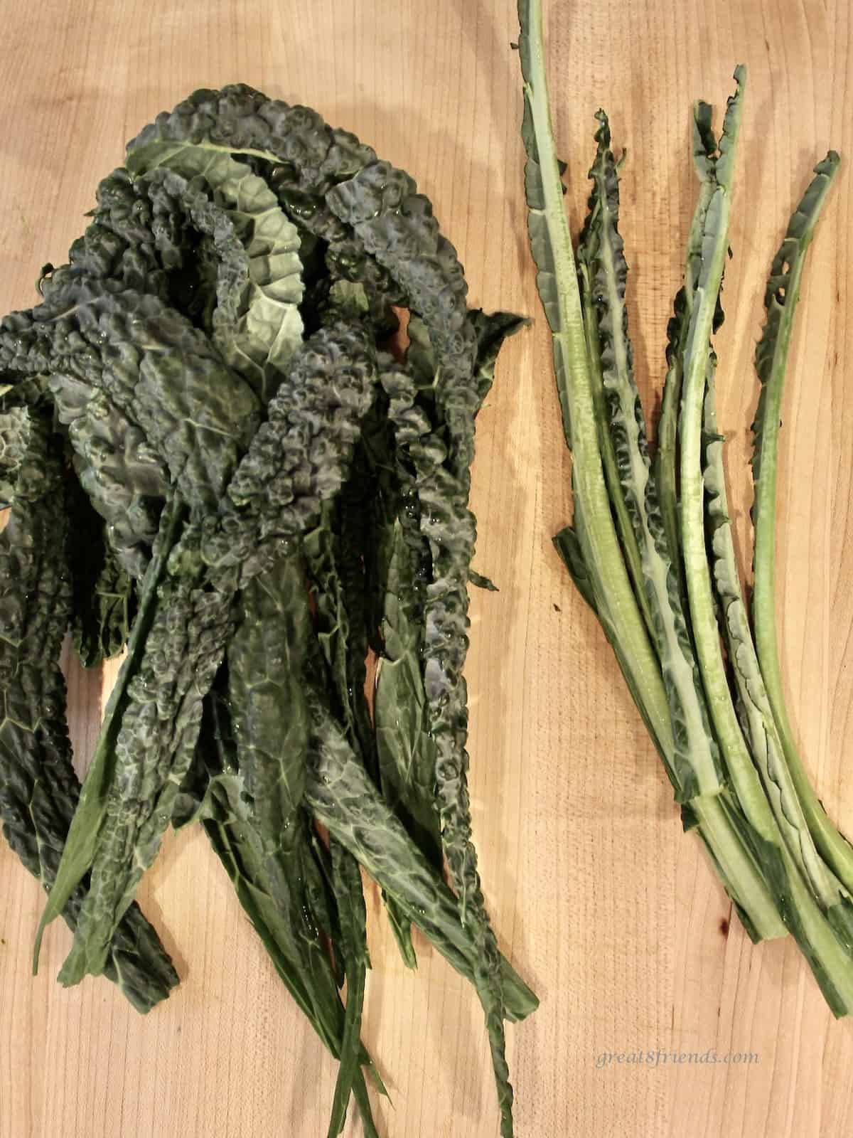 Tuscan kale leaves with the stems cut out and set aside.