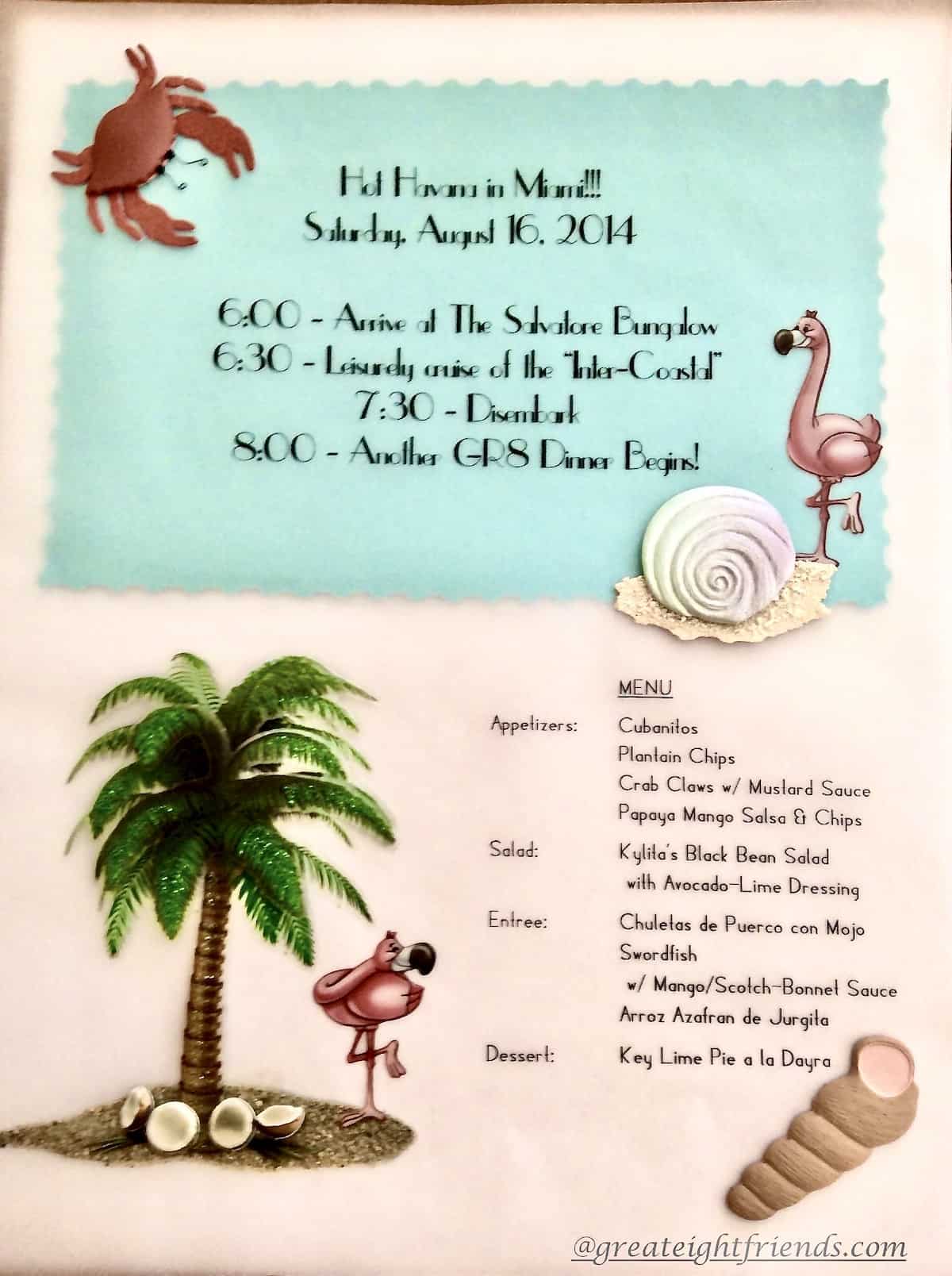 Invitation to a themed dinner party titled Hot Havana in Miami. The invite includes the day, time, and menu plus some tropical stickers.